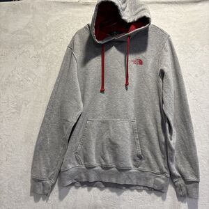 The North Face Men's Size Medium Gray Red Hoodie Sweatshirt Fleece Logo Outdoor
